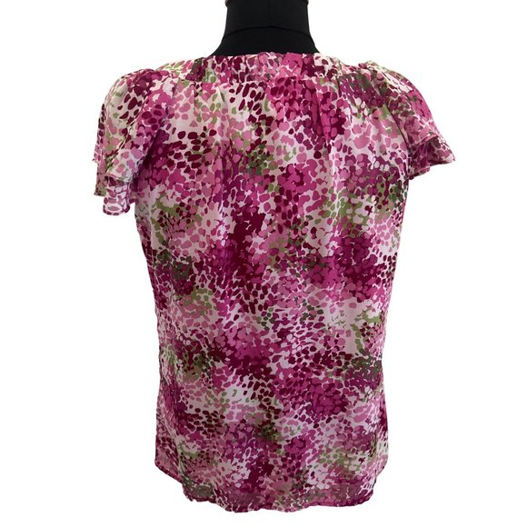 Fred David Pink & Green V Neck With Tie, Short Flutter Sleeve Top, Medium - Picture 3 of 7